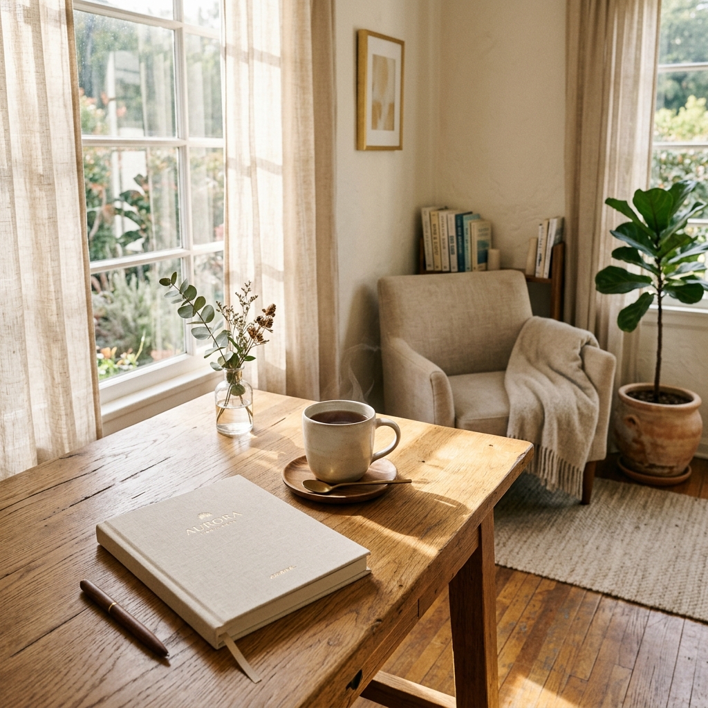 A serene therapy and coaching space representing a calm, fully supported practice with Grow My Town